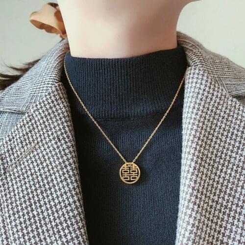 Timeless Wonder Titanium Chinese Character Double Happiness Choker Necklace Stainless Steel Jewelry Punk Gothic Retro Cute 5247