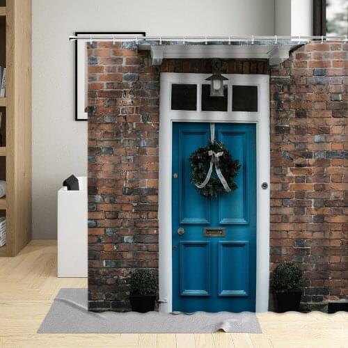 Retro Brick Wall Blue Door Shower Curtain Christmas Decor Background Pattern Bathroom Curtains Home Washable Fabric With Hooks