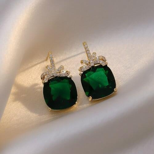 Retro Green Mosaic Rhinestone Bowknot Stud Earrings for Women 2021 New Fashion Jewelry Female Elegant Earring Luxurious Ear Stud