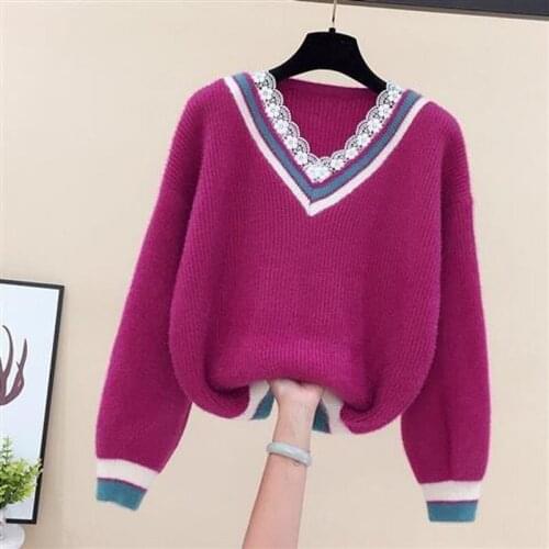 Plus Size 3XL New Spring Autumn V-neck Knitted Long Sleeve Sweater Pullover Women Solid Jumper Ladies Sweater Tops X736