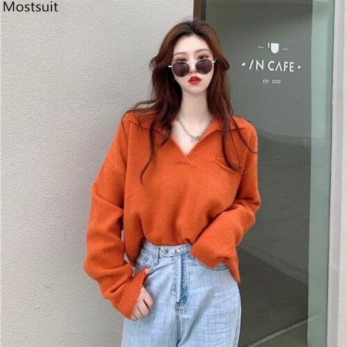 Spring Autumn Women Sweater Vintage Loose Ladies Jumpers Korean Fashion Long Sleeve V-neck Knitted Pullover Tops 2020