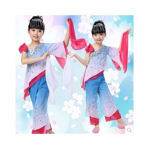 Top+pants+headwear+handkerchief Child Chinese National Yangko Dance Costume Girl Fan Umbrella Stage National Dance Costume 89