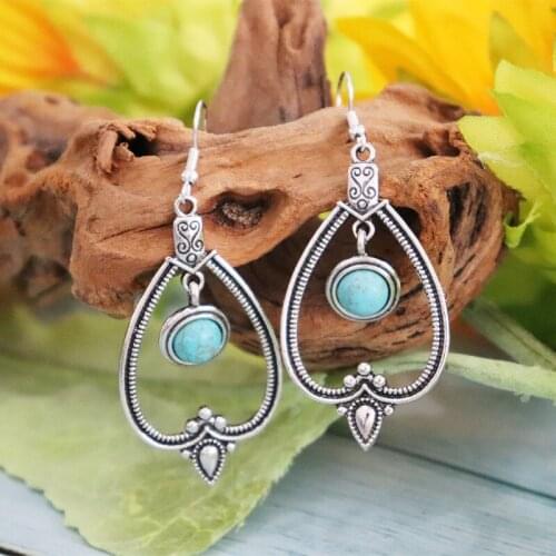 Vintage Bohemian Turquoise Earrings Teardrop Hollow Hoop Hollow Out Flowers Dangle Drop Retro Green Stone Earrings Handmade