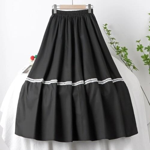 Summer Vintage Skirt Elastic High Waist Korean Fashion Pleated Midi Skirt Female Black Casual Cotton Womens Skirts Jupe Longue