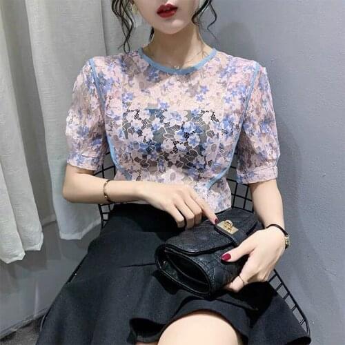 Women Spring Summer Style Sexy Lace Blouses Shirts with Slip Lady Hollow out Lace O-Neck Short Sleeve Blusas Tops ZZ0145