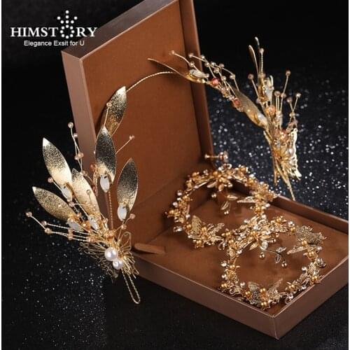 HIMSTORY New Baroque Big Gold Leaf Feather Bridal Headband Handmade Wedding Pearl Hairbands Beads Headpieces Bride Hair Jewelry