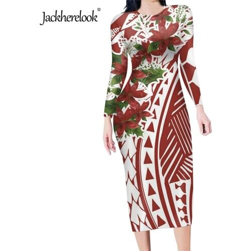 Jackherelook Womens Bodycon Pencil Dress Red and White Polynesain Tattoo Samoan Tribal Floral Pattern Long Sleeve Dresses Robe