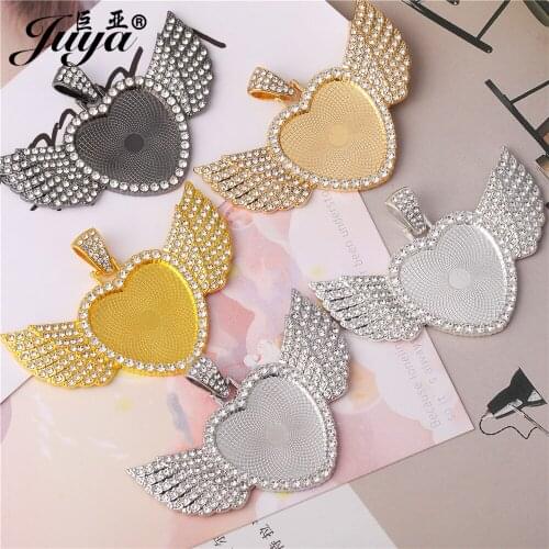 30PCS Wings Heart Pendant Bases Charms Zircon Bezel Blank Tray For Design Necklaces DIY Jewelry Making Accessories Wholesales