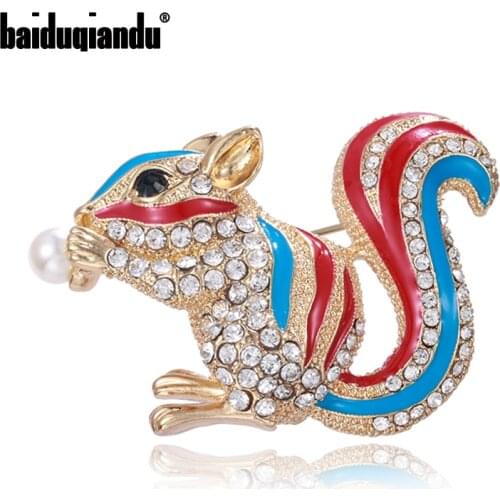Baiduqiandu Women Squirrel Brooches Rhinestone Crystal Animal Pins Enamel Clothes Jewelry With Imitation Pearl Factory Direct