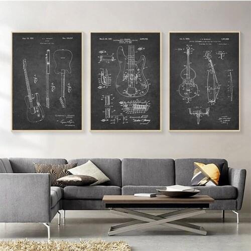 Guitar Musical Instruments Poster Canvas Painting Minimalist Picture Industrial Interior Print Black and White Home Wall Decor