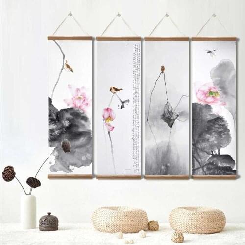 Chinese Ink Flowers Canvas Scroll Paintings Posters Prints Wall Art Pictures for Living BedRoom vintage Home Decor with Frame