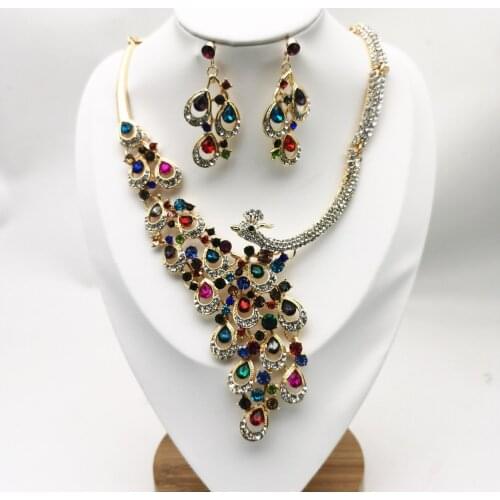Colorful Rhinestone Peacock Bridal necklace Gold Color Alloy Crystal Statement Necklace Earrings Sets Wedding Jewelry
