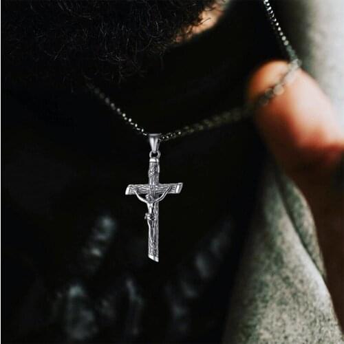 JESUS CHRIST CRUCIFIX CROSS PENDANT INRI JESUS CHRIST NECKLACE CHARM STAINLESS STEEL MEN NECKLACE