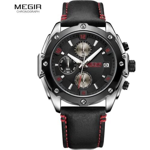 MEGIR Mens Chronograph Quartz Watches Fashion Black Leather Strap Luminous Analogue Sports Wrist Watch for Man 2074GS-BK-1N8