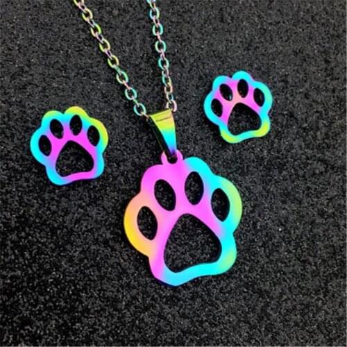 QIAMNI Stainless Steel Dazzling Colorful Cute Cats Dogs Paw Footprint Heart Jewelry Set Earring Necklace Lovers Friend Gift