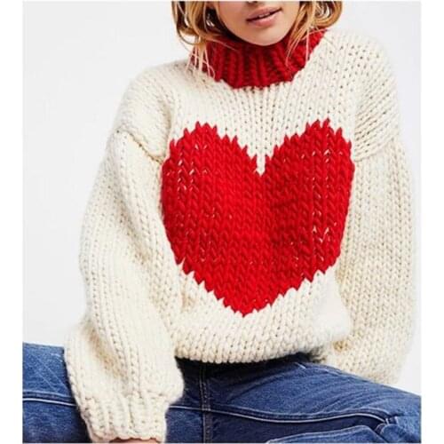 2019 autumn and winter new fashion pure hand-woven peach heart color thick needle lantern sleeve sweater