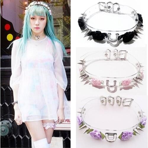 Wholesale New Sexy Punk Handcrafted Flower Harajuku Clear Safe Heart Choker Collar Necklace Rose Double Spikes Vinyl Chaplet