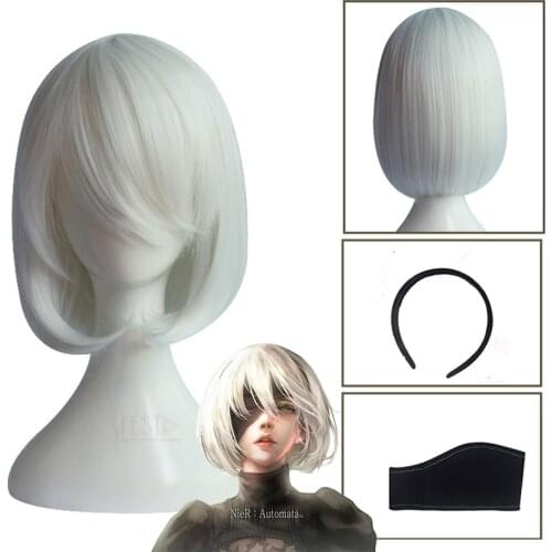 Game NieR: Automata Cosplay Wig YoRHa No.2 Type B 2B YoRH 2A 9S White Short Girl Wig Blindfold Hair Hoop Fiber Hair Halloween