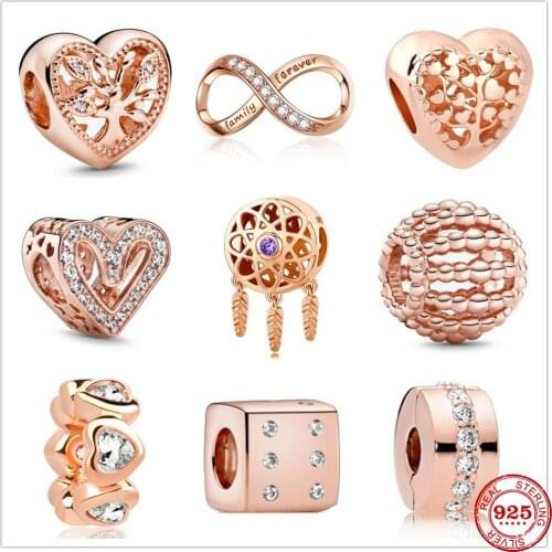Authentic Original 925 Sterling Silver forever family tree heart Charm Bead Rose Gold Fit Pandora Bracelets Women DIY Jewelry