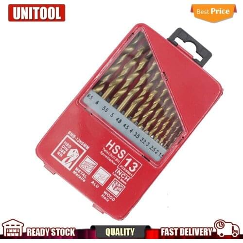 Twist-Drill-Bit-Set Metalwork Woodworking Round Titanium Shank-Coated HSS 13pcs