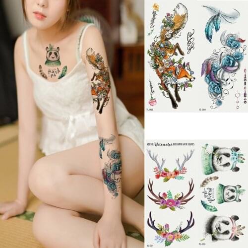 Waterproof Temporary Fox Tattoo Sticker Watercolor 3D Flower panda Fake Tattoos For Women Men Custom Flash Tatoos Body Art