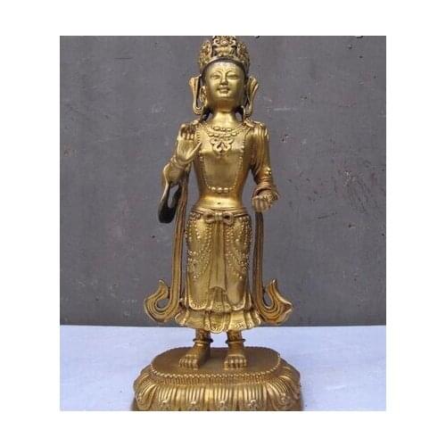 Xd 001481 10"Tibet Buddhism Temple Pure Bronze 24K Gold stand kwan yin Buddha Statue