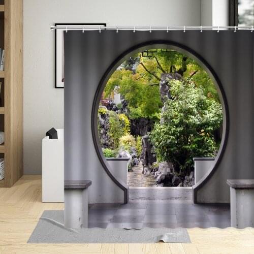 Chinese Style Shower Curtains Garden Courtyard Building Green Plant Scenery Pattern Bathroom Decor Polyester Hanging Curtain Set