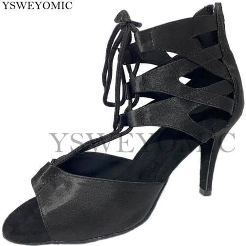 Black Satin Latin Dance Shoes 8.5cm Spiked Heel Customized Colors Thick insole Soft Flexiable Women Salsa Latin Ballroom Shoes