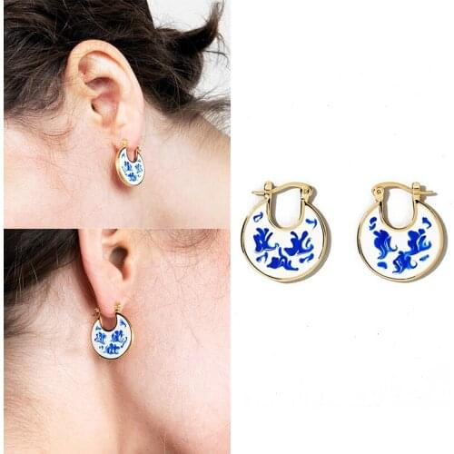 Aide 925 Sterling Silver Round Hoop Earrings Pattern Porcelain Chic Ethnic Fashion Jewelry For Anniversary Gifts Huggie Earring
