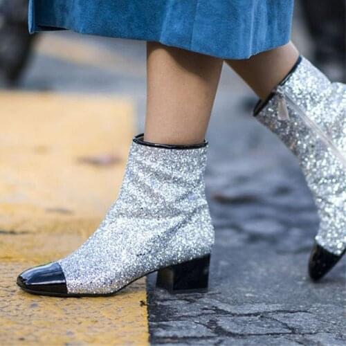 Hot Spring Women Bling Bling Sequins Patchwork Black Square Toe Chunky Med-heels Knee High Glitter Spangle Knight Boots Lady