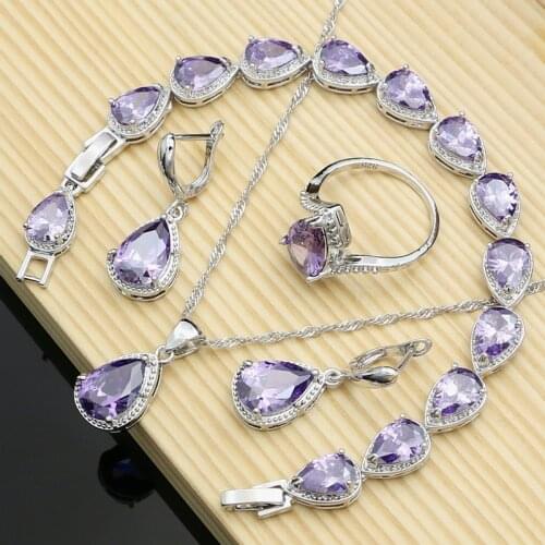 Women Silver 925 Jewelry Sets Purple Drop Stone Earrings Rings Fashion Accessories Wdding Necklace Set Dropshipping