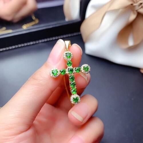 Fashion lucky cross Natural green diopside pendant S925 silver Natural gemstone Pendant Necklace women girl party gift jewelry