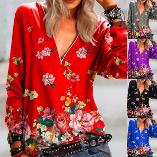 Summer T Shirt Women 2021 Sets Period ladies' Printed Zipper v-neck long-sleeve Frock Female Tee Tshirts Dropshipping CHD8868
