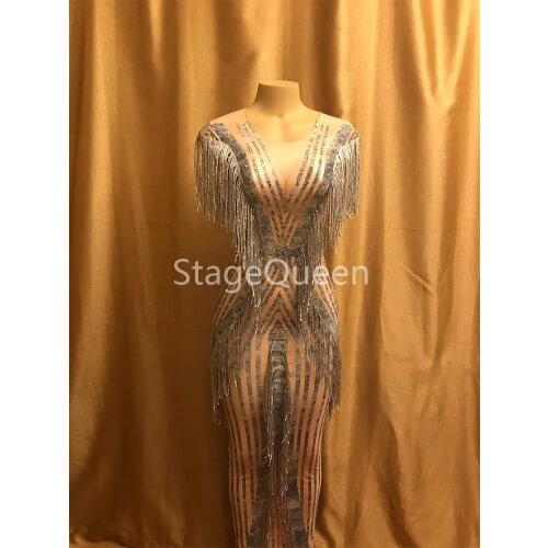 Women Sexy Stage Nude Printed Pattern Evening Fringes Dresses Birthday Celebrate Summer Costume Singer Performance Dance Dress