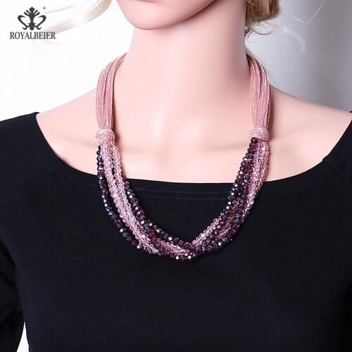 ROYALBEIER Multilayer Crystal Pendant Necklace on the Neck Handmade Silk Rope Chunky Necklace Fashion Female Statement Jewelry
