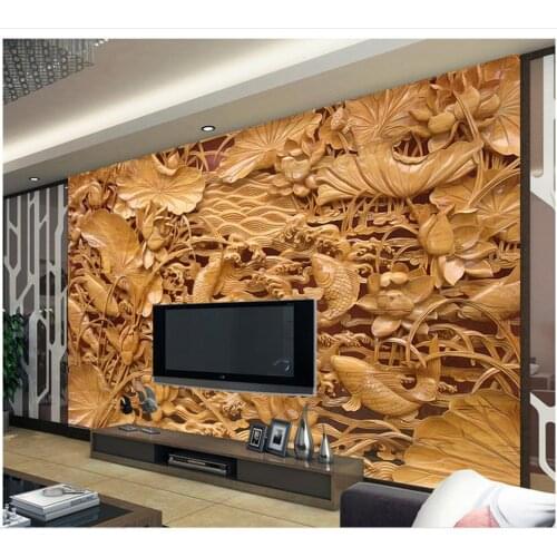 3d name wallpapers Home Decoration Classical carved wooden mural TV backdrop pond wall mural photo wallpaper