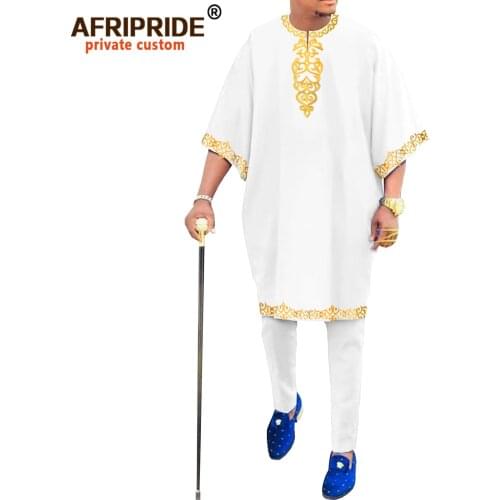 African Traditional Clothing for Men Dashiki Embroidered Shirts and Ankara Pants 2 Piece Outfits Bazin Riche Outfits A2116022