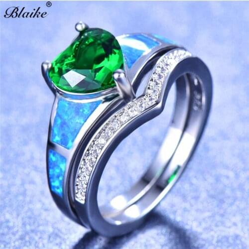 Blaike Heart Green/Purple/Red/Blue Zircon with Blue Opal Rings Set For Women Silver Color Birthstone Love Jewelry