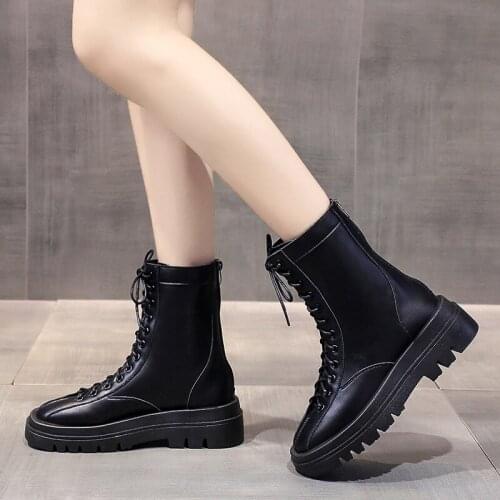 Black Brown Platform Ankle Boots Women Shoes Winter Plush Warm Chunky Boots Cross Tied Thick Sole Short Boots Women Mujer