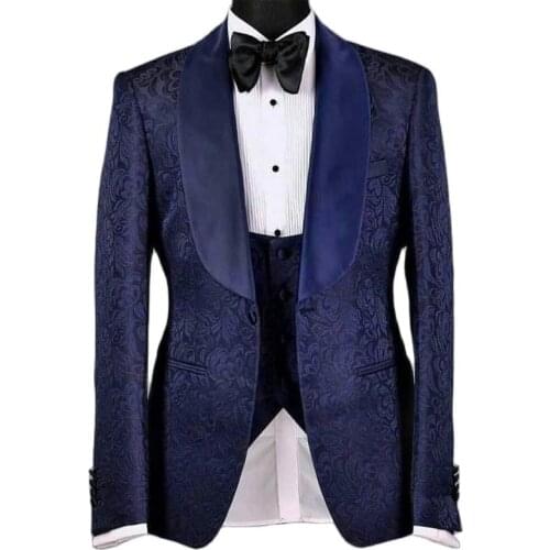 Floral Jacquard Groom Tuxedo for Wedding Navy Blue Slim Fit Men Suits with Black Pants 3 Piece Blazer Waistcoat Fashion Costume