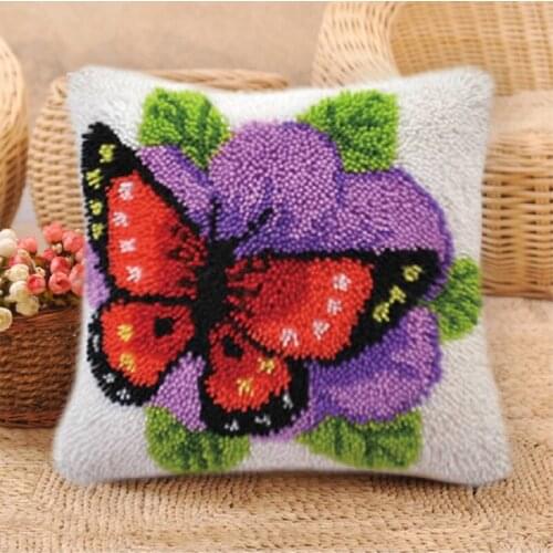 DIY Flowers Butterfly Cross Stitch Pillow Mat DIY Craft Flower Latch Hook Kit 37*37CM Needlework Crocheting Cushion Embroidery F