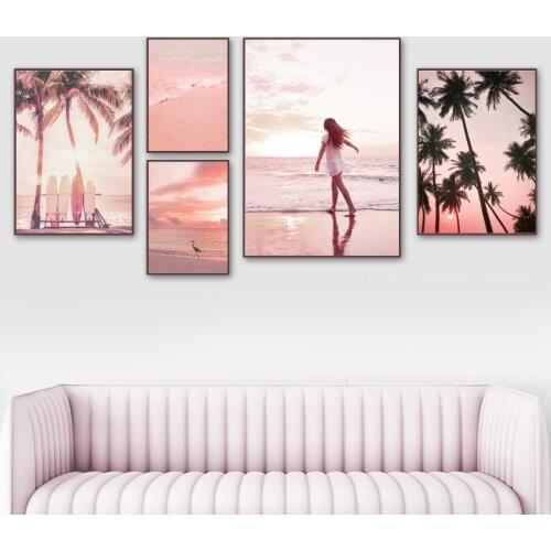 Living Room Art Deco Canvas Painting Mural Pink Sunset Beach Tree Starfish Surfboard Nordic Poster And Print Mural