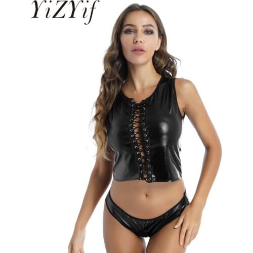 Womens Erotic Lingerie Set Two-piece Patent Leather Rave Costume Lace-up Tank Top with Briefs for Nightclub Stage Performance