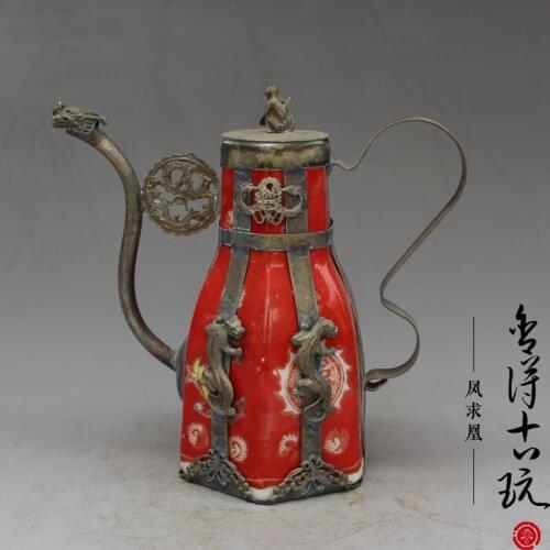 Pretty Tibetan Porcelain Tibet Silver Butterfly TeaPot Garden Decoration 100% real Tibetan Silver Brass