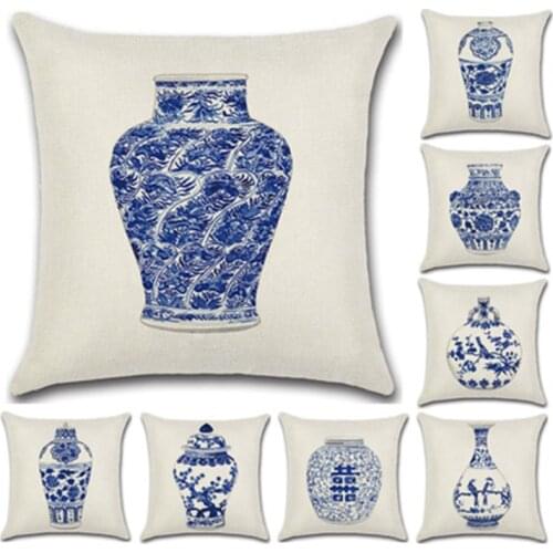 Linen Cushion Covers Blue and white Porcelain Printed PillowCases Sofa Car seat Home Decorate Chinese Style Back waist pillow