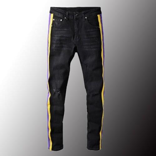 New Mens Stripe Ripped Stretch Denim Jeans Streetwear Slim Skinny Pencil Pants Holes Distressed Trousers Black Size 40