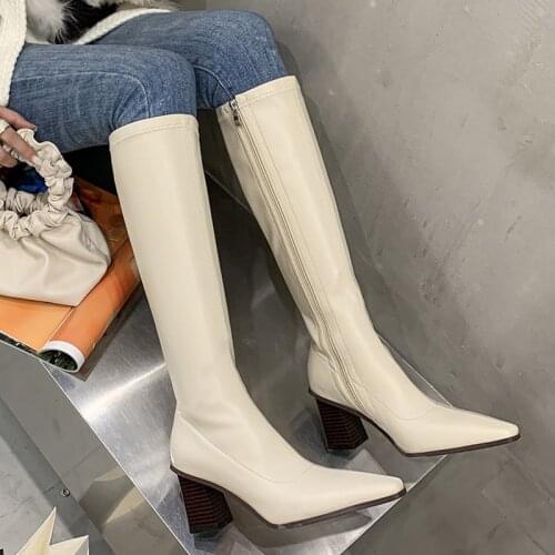 2021 Autumn New Knee-Length Womens Winter Boots, Square Toe Zipper And Velvet Fashion Long Boots, Womens Sexy High Heels