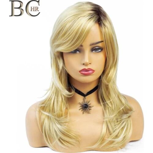 BCHR Natural Wave Blonde Synthetic Wigs for Women Dark Root Ombre Wig for Wedding For Black Women Trendy African American hair
