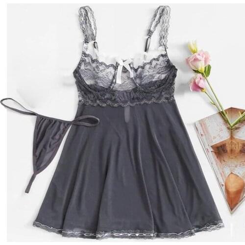 Sexy Lace Sleepwear Women Floral Contrast Bow Set Lingerie Nightwear Underwear Sleepwear Camisola Summer Soft Clothes For Ladies
