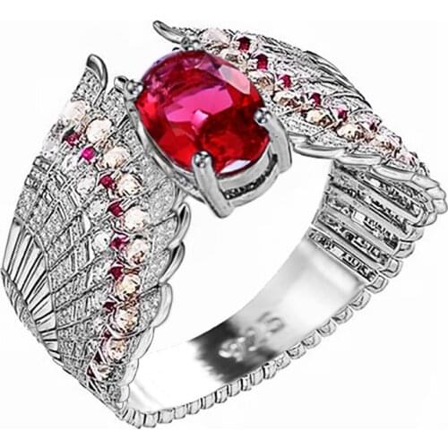 MIQIAO Silver Plated Luxury Full Zircon Red Oval Stone Crystal Angle Wings Vintage Boho Rings for Women Wedding Gift Jewelry Ane